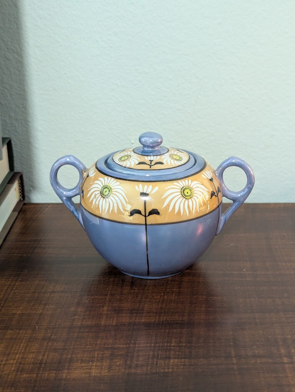 Vintage Lavender Ceramic Covered Sugar Bowl with Floral Band